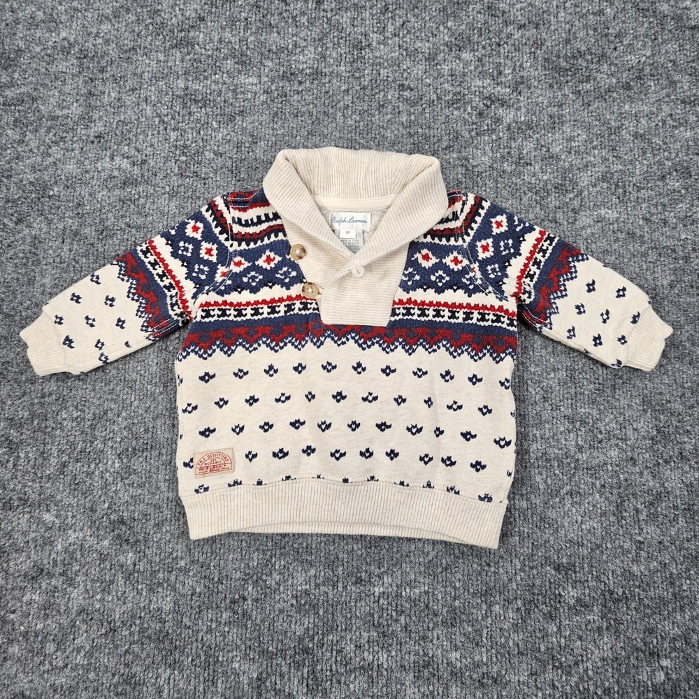 Ralph Lauren Infant Boys 6M Fair Isle Shawl Collar Pullover Sweater Fleece Cream